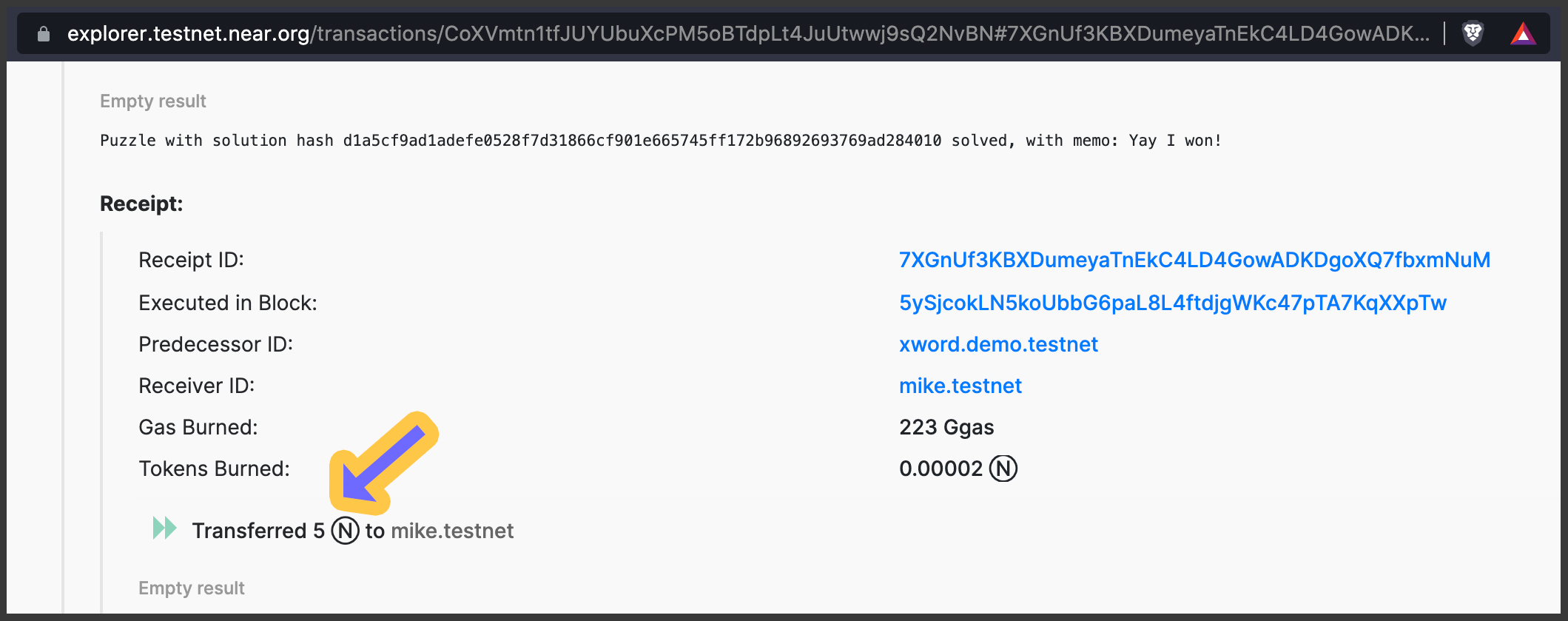 Screenshot from the NEAR Explorer highlighting a place in the transaction where 5 NEAR is sent to mike.testnet