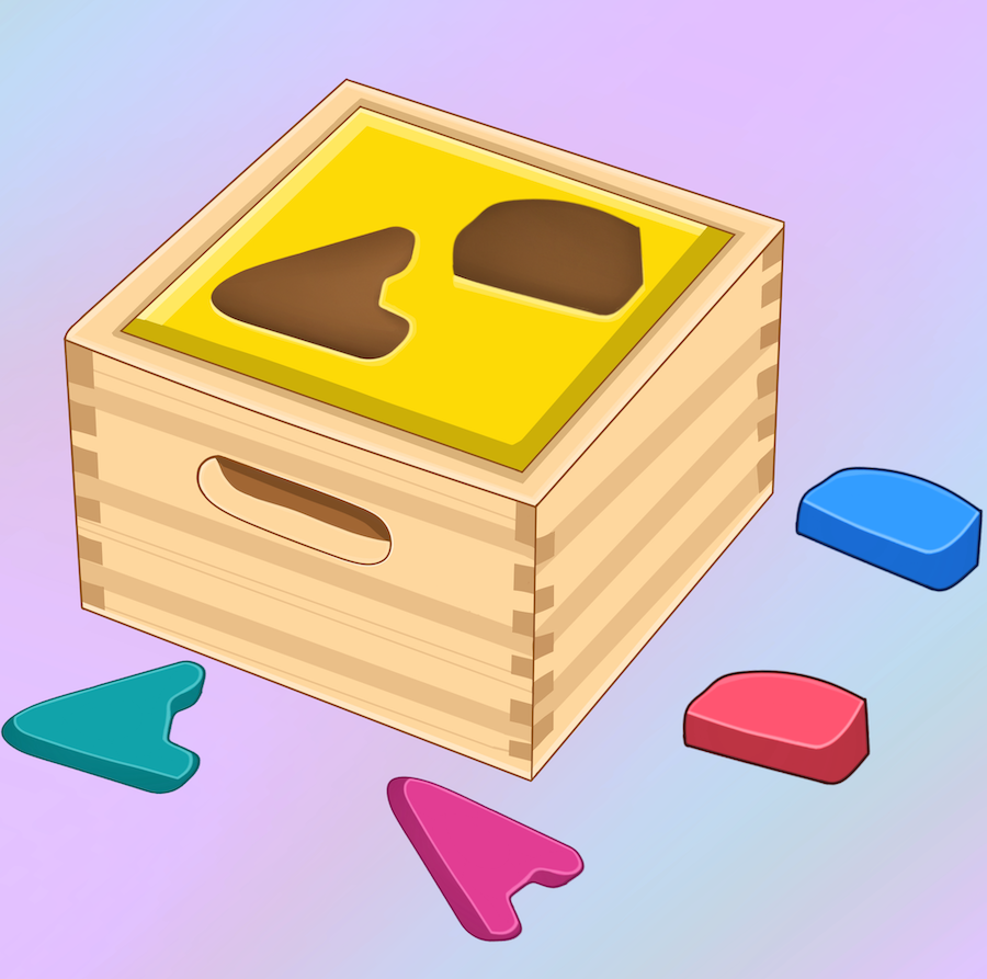 Children's toy of a box that has blocks that only fit certain shapes, resembling the letters A and D. Art created by eizaconiendo.near