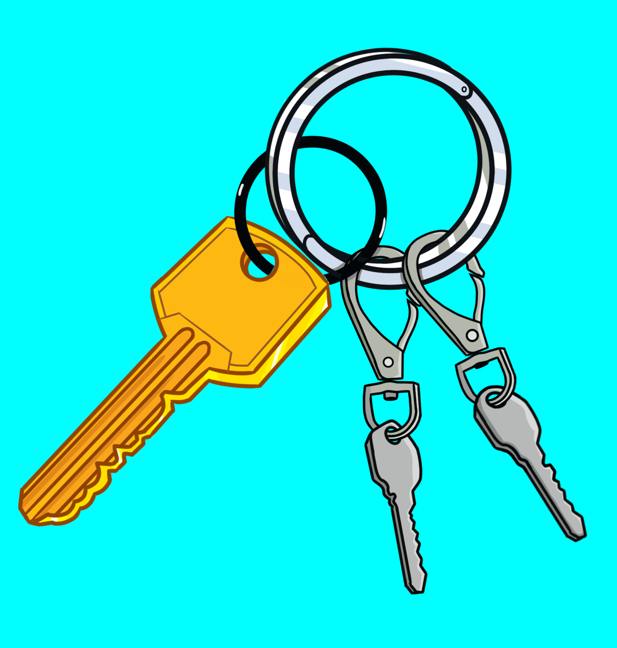 A keychain with three keys. A large, gold key represents the full-access keys on NEAR. The two other keys are gray and smaller, and have detachable latches on them. They represent function-call access key. Art created by alcantara_gabriel.near