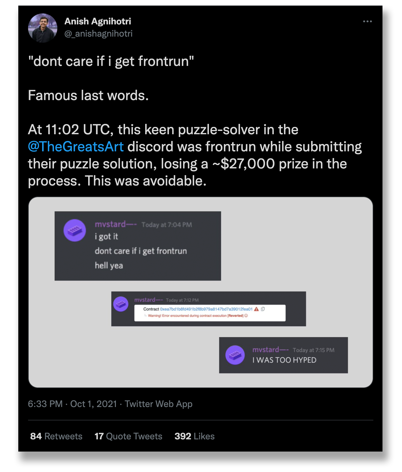 Tweet talking about a puzzle where tens of thousands of dollars were taken because of a frontrun attack