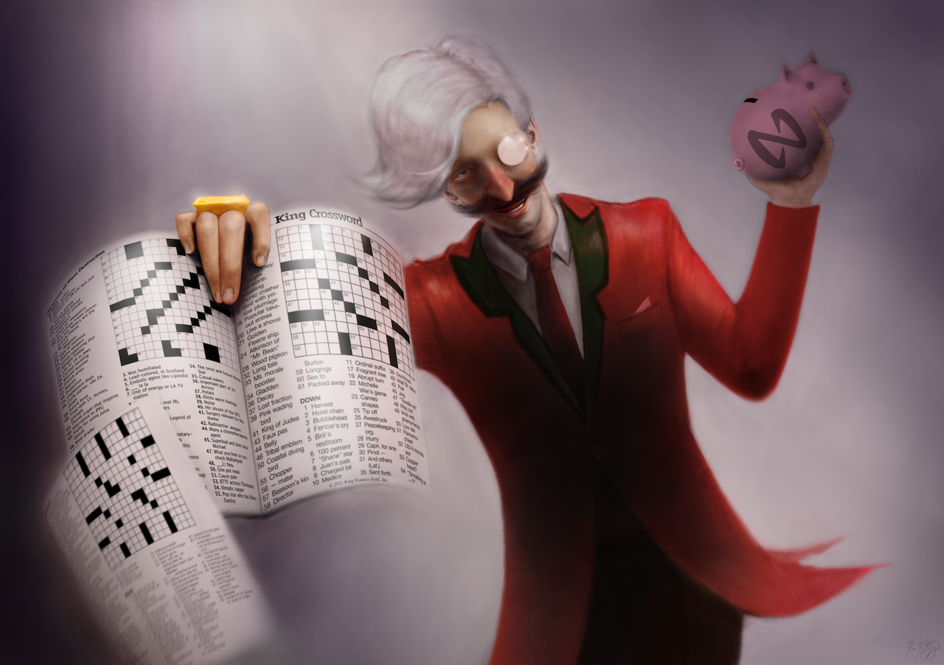 Man holding a book full of crossword puzzles, in his other hand he's holding a piggy bank. Art created by r3v.near
