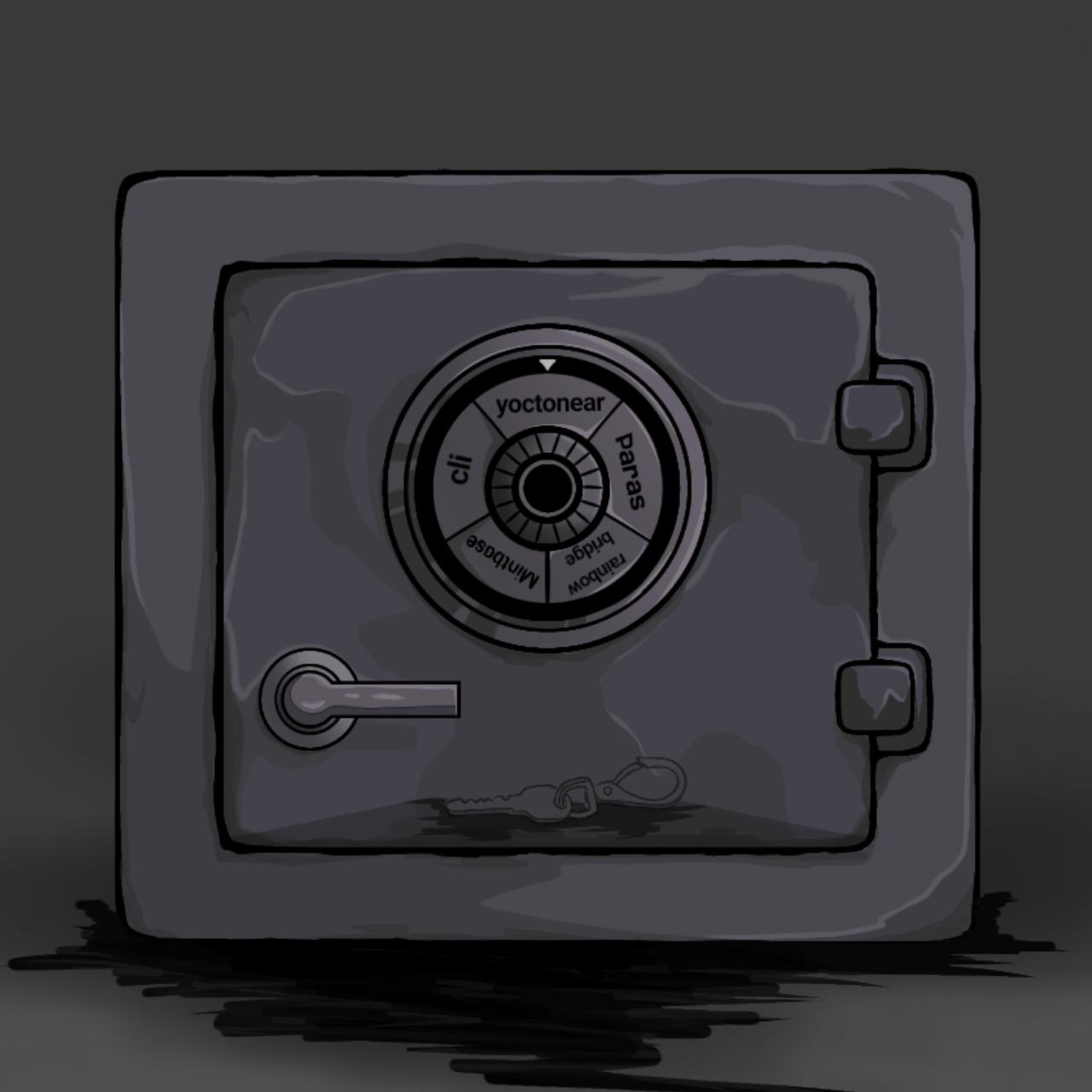 A small safe with a padlock containing words to a seed phrase, and you can see through the safe, showing it holds a function-call access key. Art created by soulless.near.