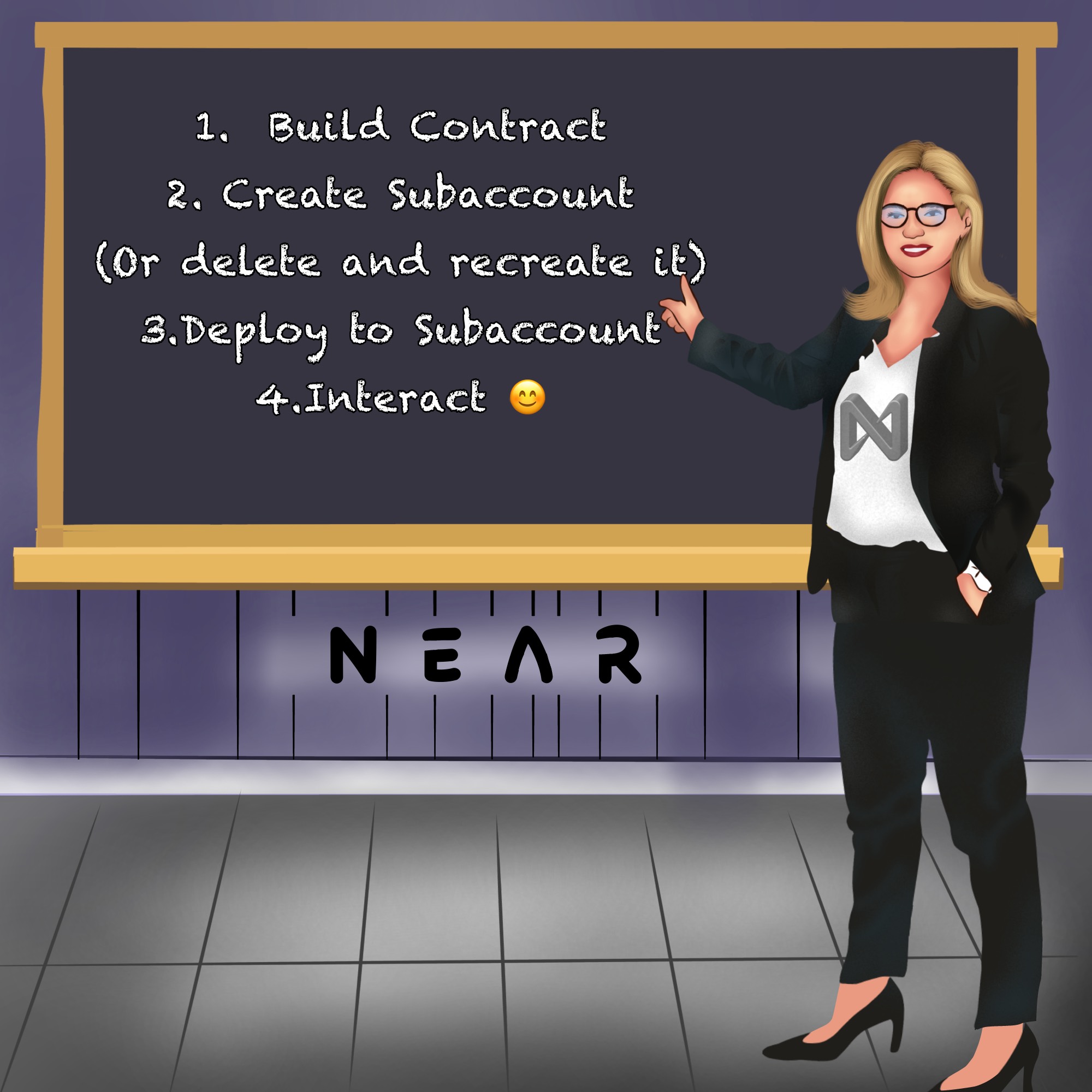 Teacher shows chalkboard with instructions on how to properly deploy a smart contract. 1. Build smart contract. 2. Create a subaccount (or delete and recreate if it exists) 3. Deploy to subaccount. 4. Interact. Art created by herogranada.near