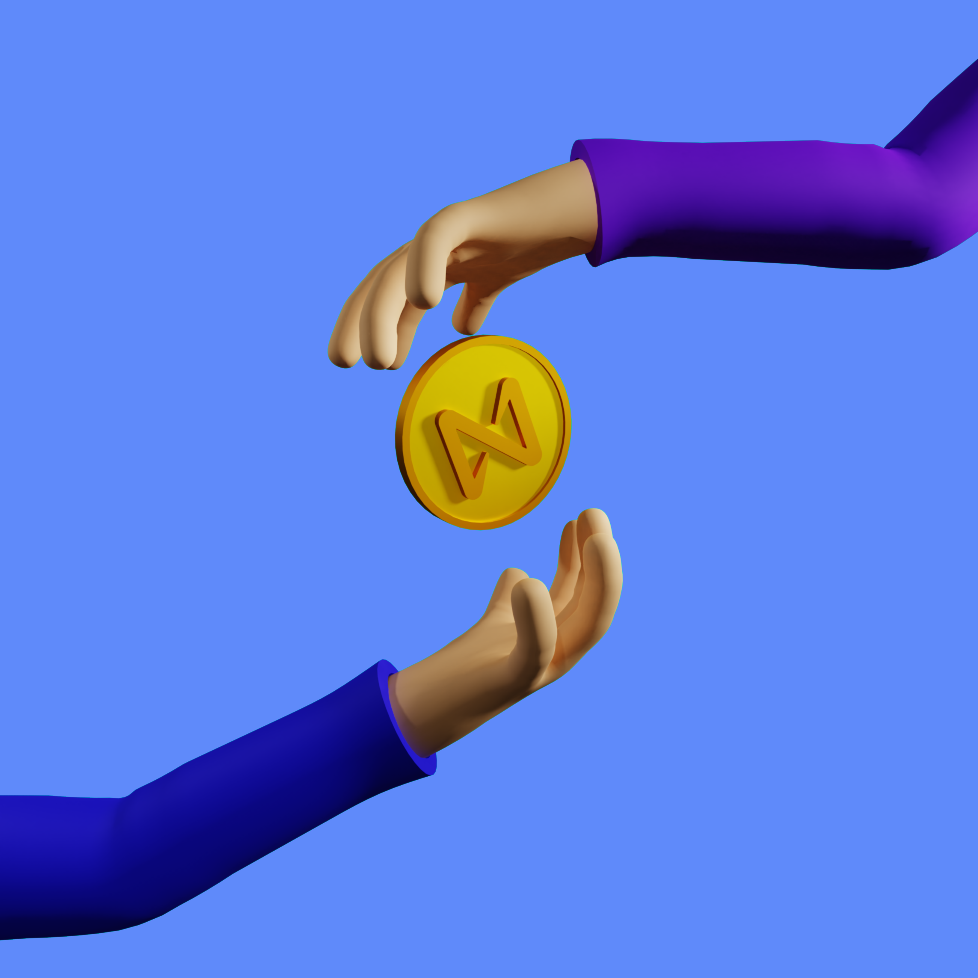 Two hands exchanging a coin emblazoned with the NEAR Protocol logo. Art created by qiqi04.near