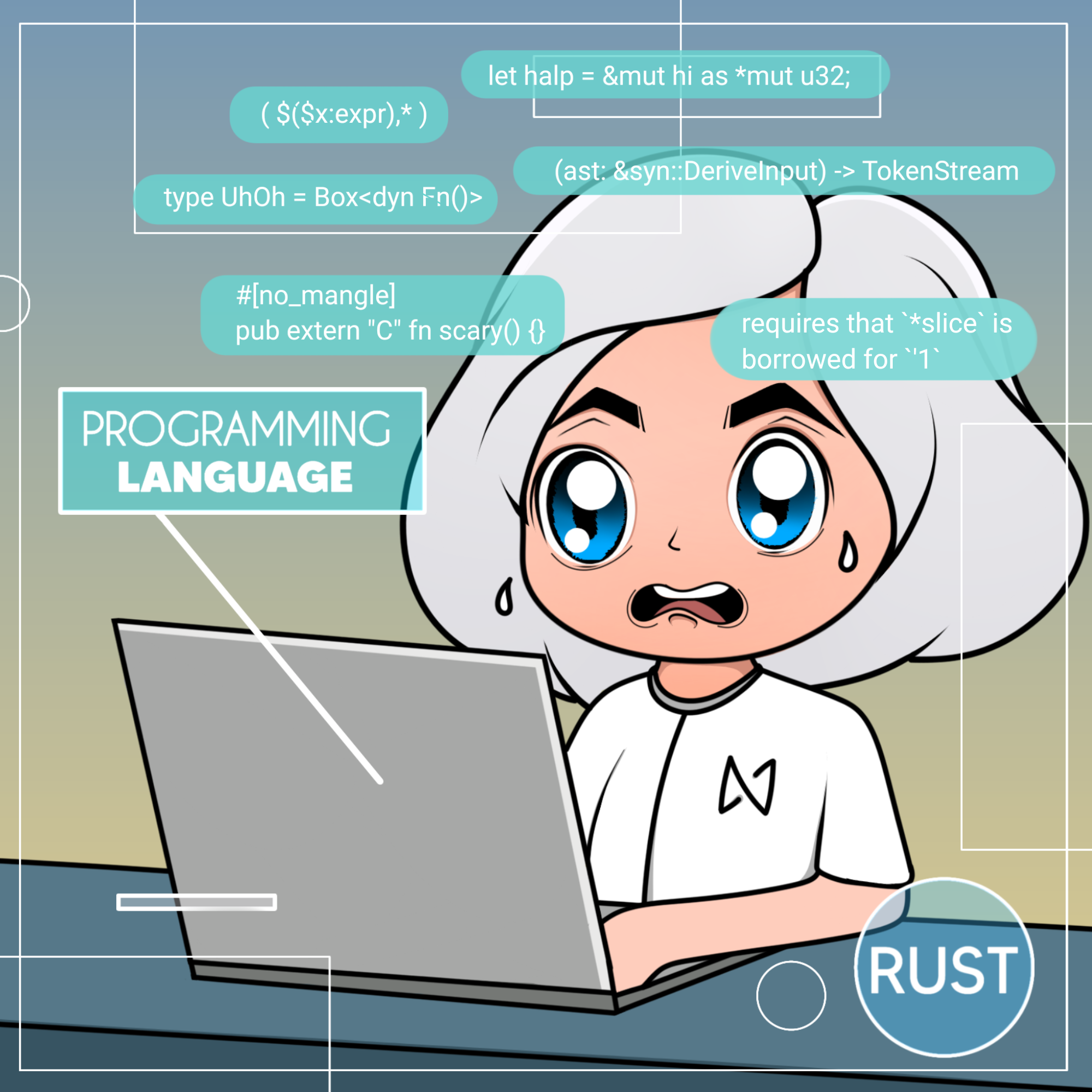 Programmer looking at Rust code and looking worried. Art created by ksart.near