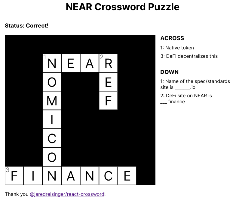 Crossword puzzle frontend showing a filled out puzzle with clues on the right sidebar