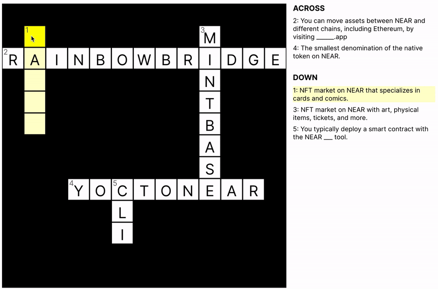 A user fills in the last clue in a crossword puzzle and an overlay appears saying that a transaction is pending