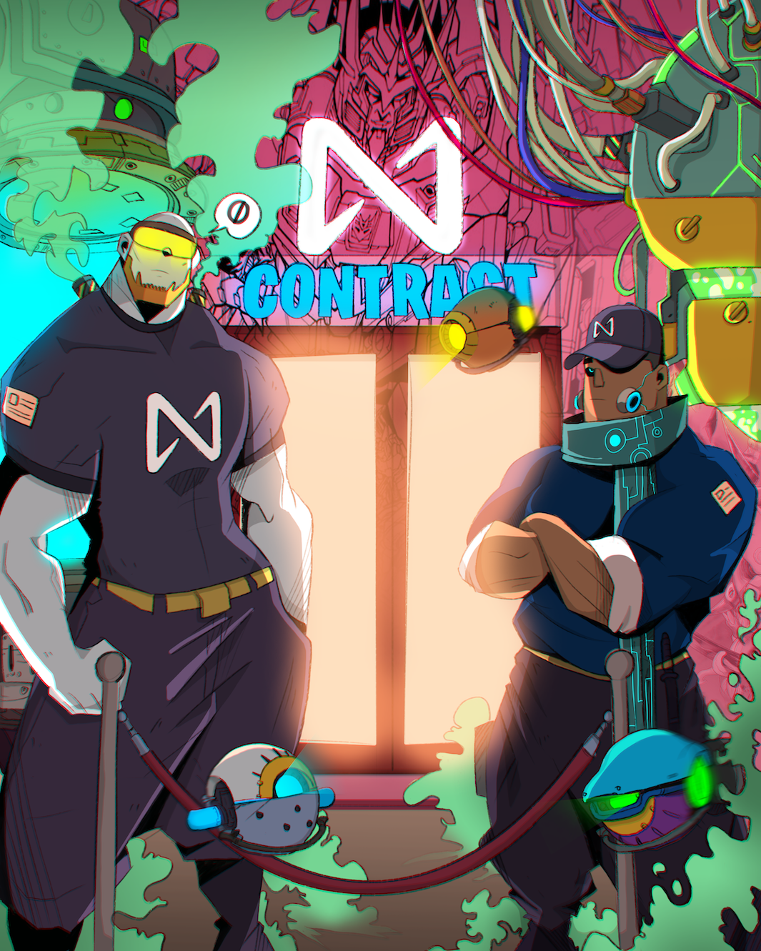 Guards or bouncers in front of a futuristic club with the label of a NEAR smart contract. Art created by connoisseur_dane.near