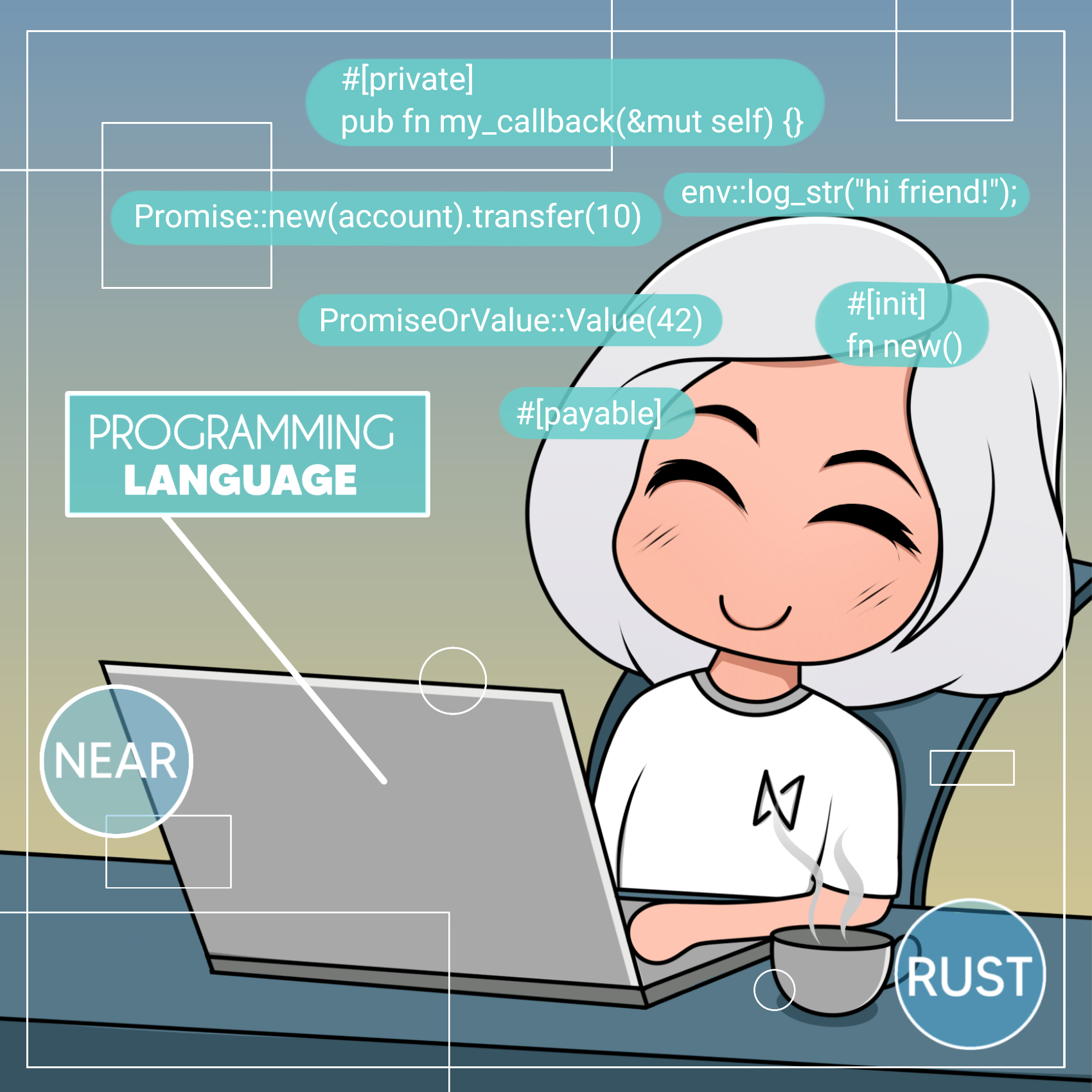 Programmer looking quite relieved at the Rust code from the NEAR SDK. Art created by ksart.near